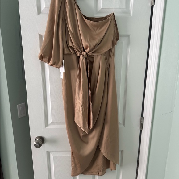 Red Dress Boutique Dresses & Skirts - Elegant Tan/Champagne One-Shoulder Dress